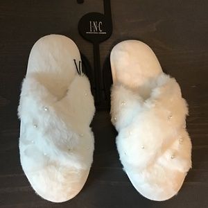 I.N.C. International Imitation Pearl Faux-Fur Cross Slide Slippers